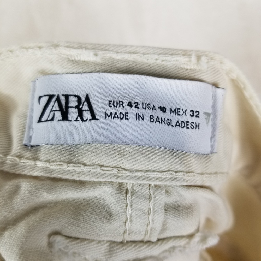 Zara Cargo Pants Womens 10 Cream Wide Leg Cotton Utilitarian Mid Rise Off-White - Picture 3 of 7